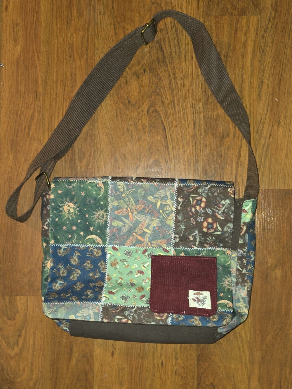 Hot Topic Patchwork Shoulder Bag in Green, Blue, Brown with Burgundy Accent
